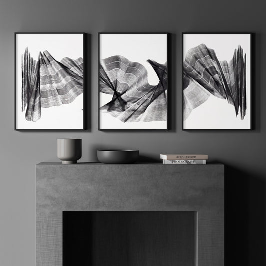 Wall Abstract Painting Charcoal Flowing Waves Minimalist Art Prints | Set of 3