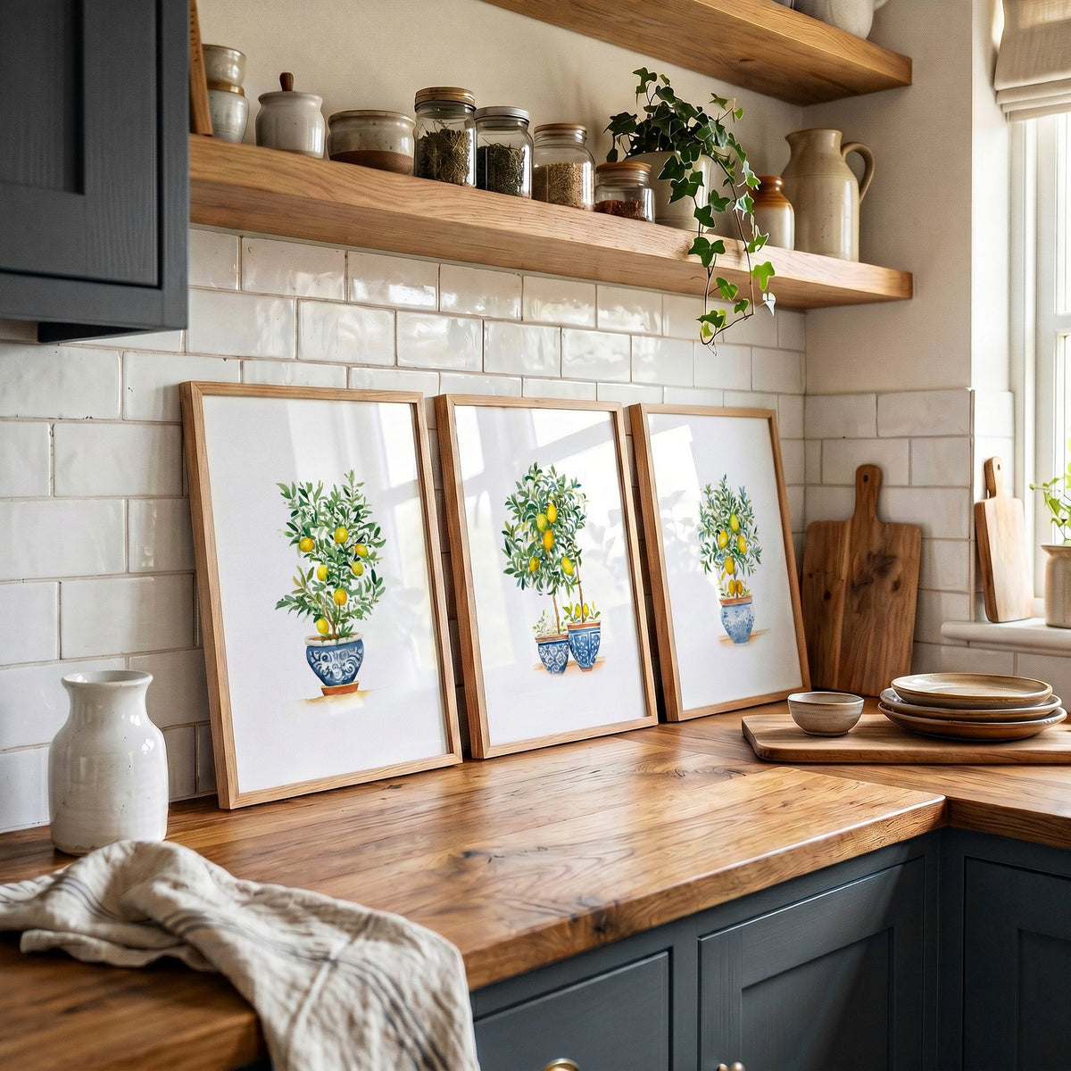 Wall Accessories for Kitchen Watercolour Lemon Tree Blue Pot French Country Art Prints | Set of 3