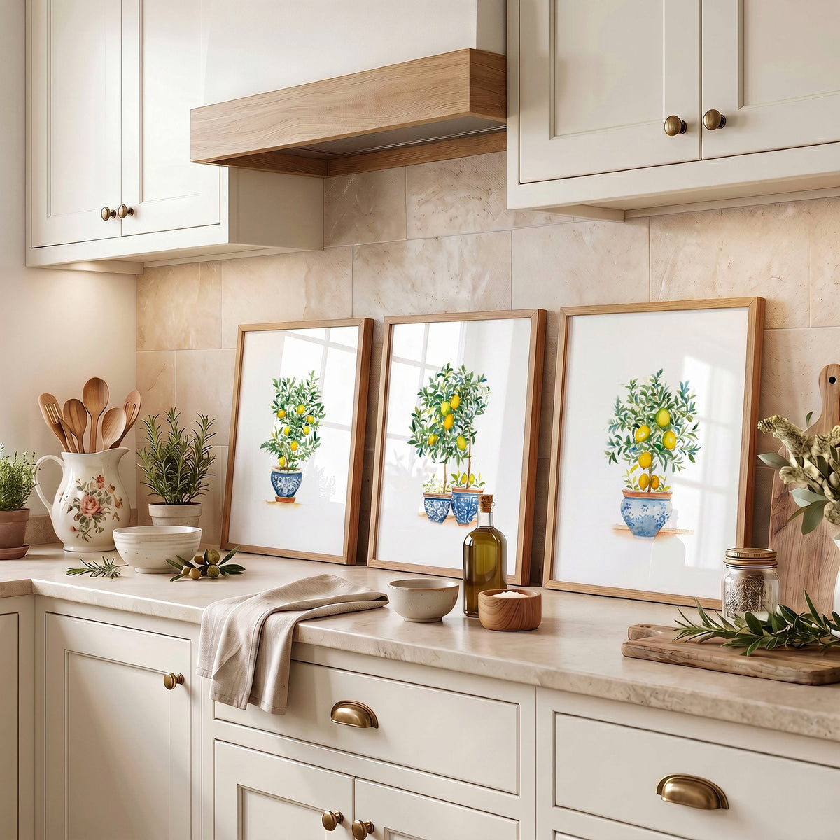 Wall Accessories for Kitchen Watercolour Lemon Tree Blue Pot French Country Art Prints | Set of 3