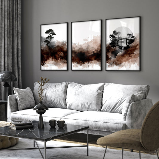 Japandi Japanese Ink Wash Wall Art Canvas for Living Room | Bonsai, Bridge & Moon Brown Tones | Set of 3