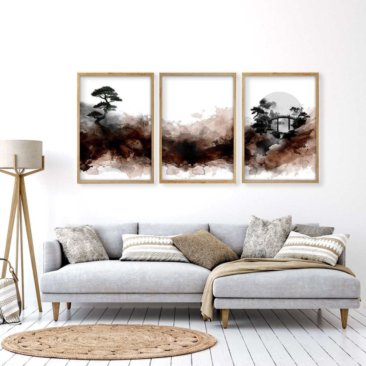 Japandi Japanese Ink Wash Wall Art Canvas for Living Room | Bonsai, Bridge & Moon Brown Tones | Set of 3