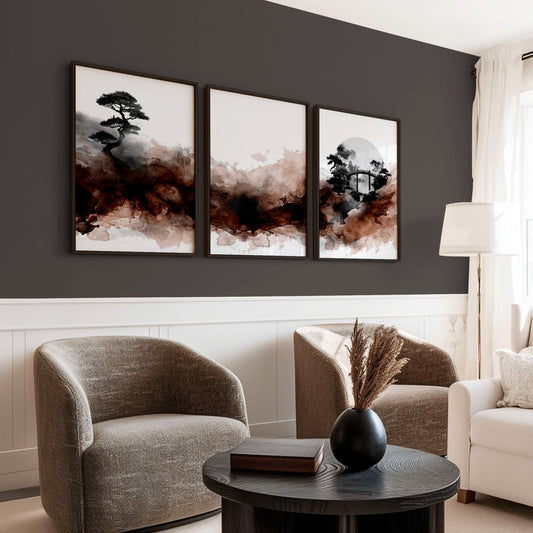 Japandi Japanese Ink Wash Wall Art Canvas for Living Room | Bonsai, Bridge & Moon Brown Tones | Set of 3