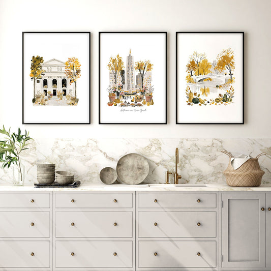Wall Art Decor Kitchen "Autumn in New York" NYC Travel Watercolour Prints | Set of 3