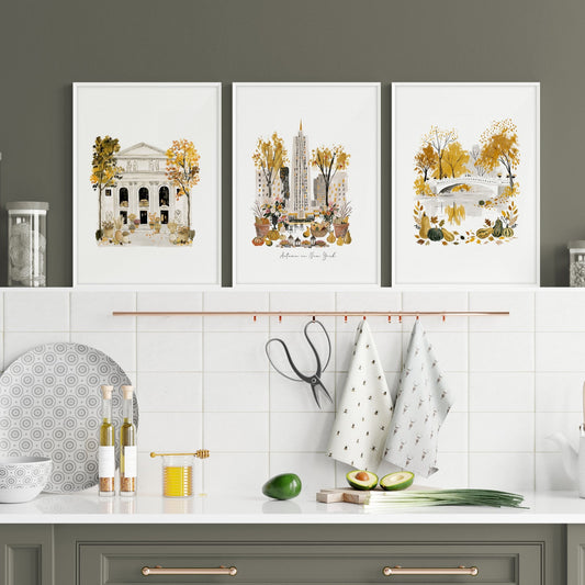 Wall Art Decor Kitchen "Autumn in New York" NYC Travel Watercolour Prints | Set of 3