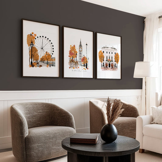 Wall Art Decor Living Room "An Autumn Day in London" Travel Prints | Set of 3