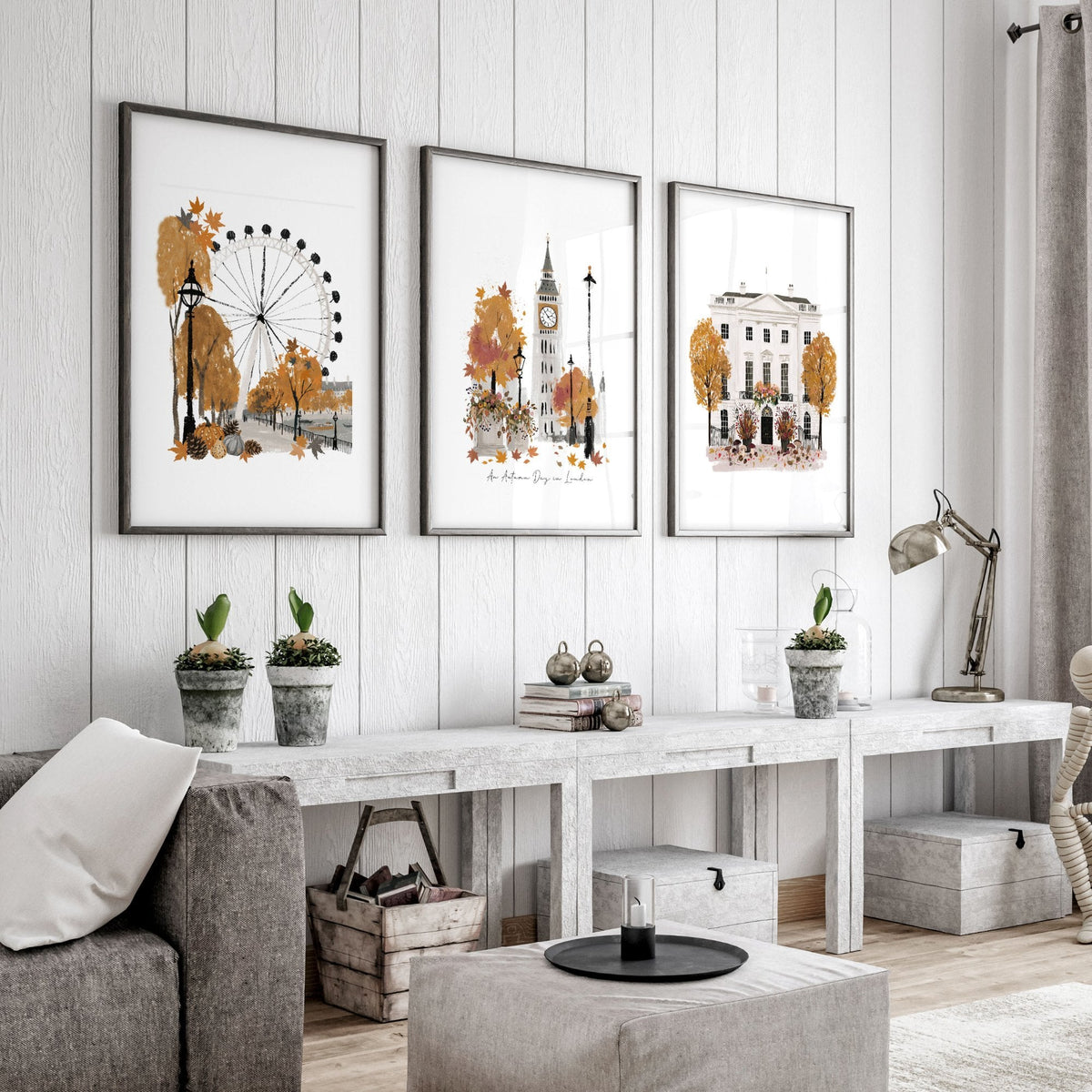 Wall Art Decor Living Room "An Autumn Day in London" Travel Prints | Set of 3