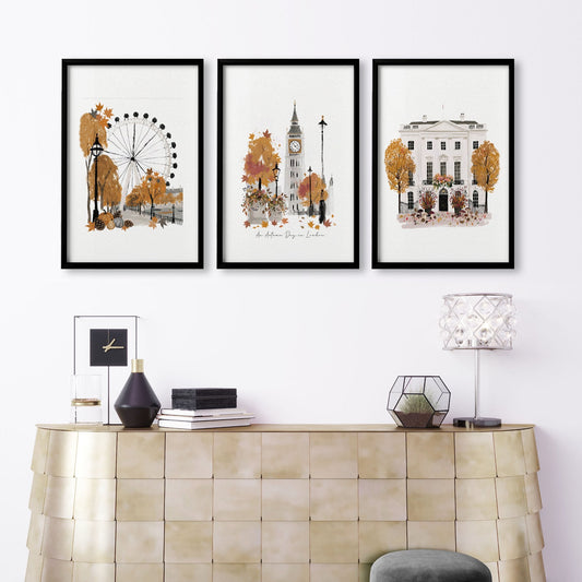 Wall Art Decor Living Room "An Autumn Day in London" Travel Prints | Set of 3
