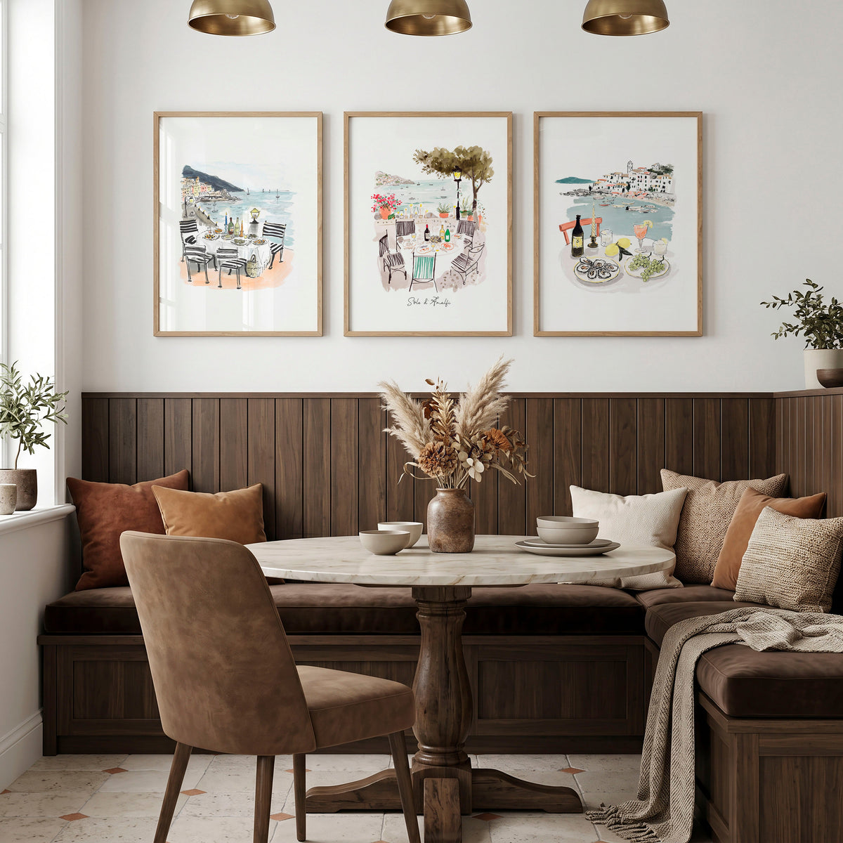 Wall Art for a Dining Room | Mediterranean Coastal Watercolour "Solo di Amalfi" | Set of 3