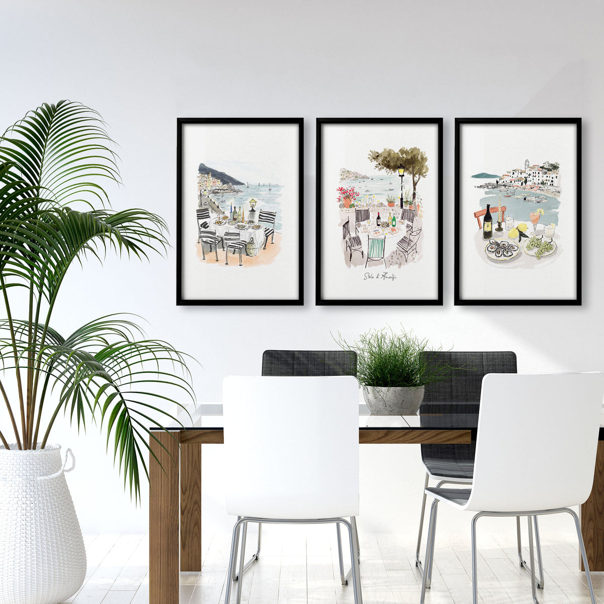 Wall Art for a Dining Room | Mediterranean Coastal Watercolour "Solo di Amalfi" | Set of 3