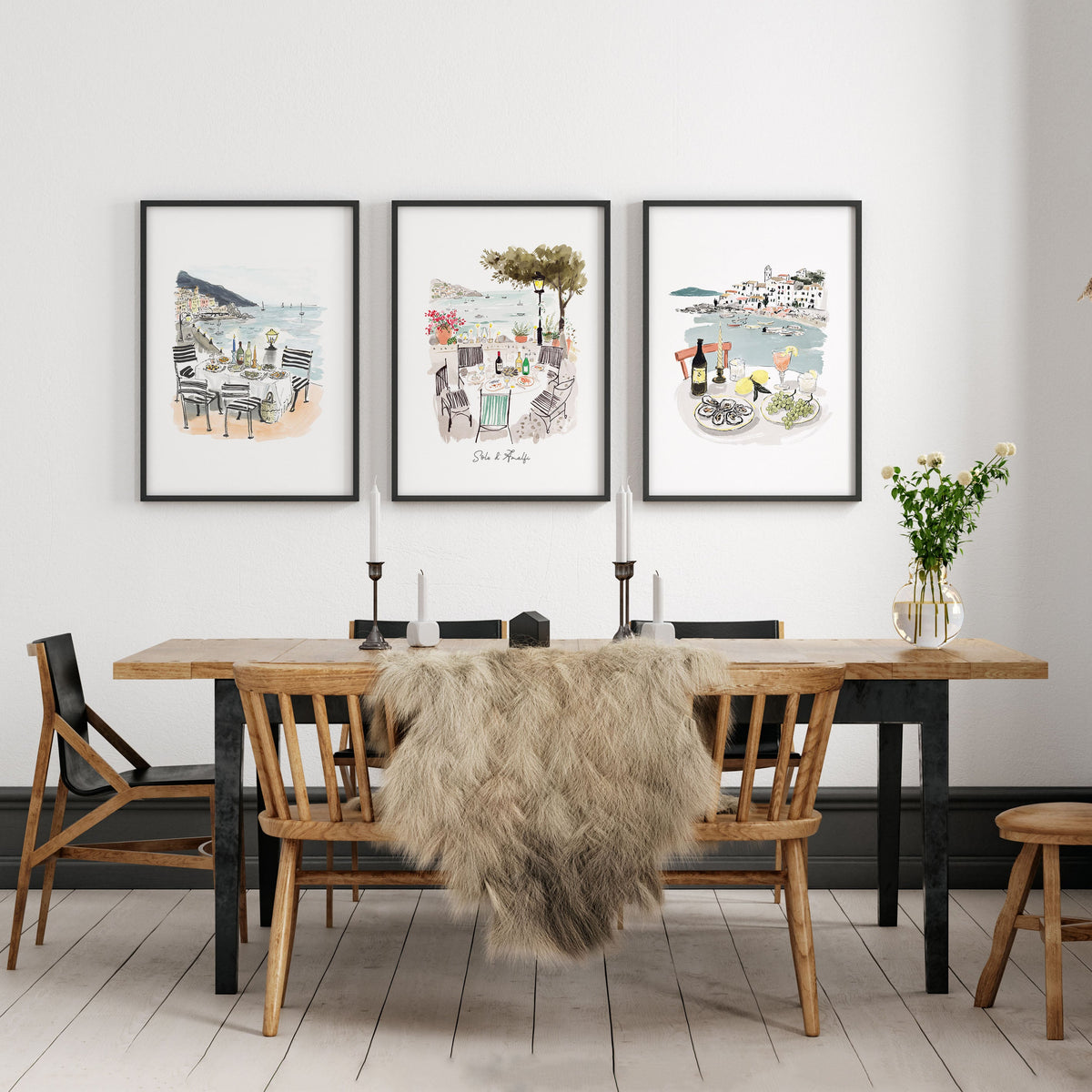 Wall Art for a Dining Room | Mediterranean Coastal Watercolour "Solo di Amalfi" | Set of 3