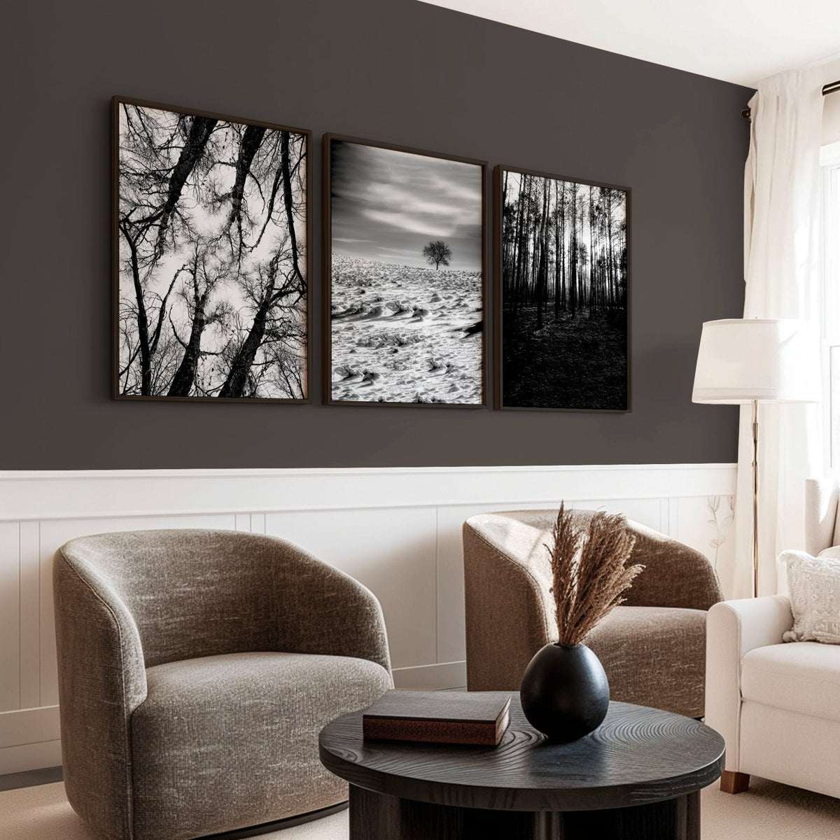 Wall Art for Grey Walls Living Room | Black & White Forest & Winter Landscape Photography Set of 3