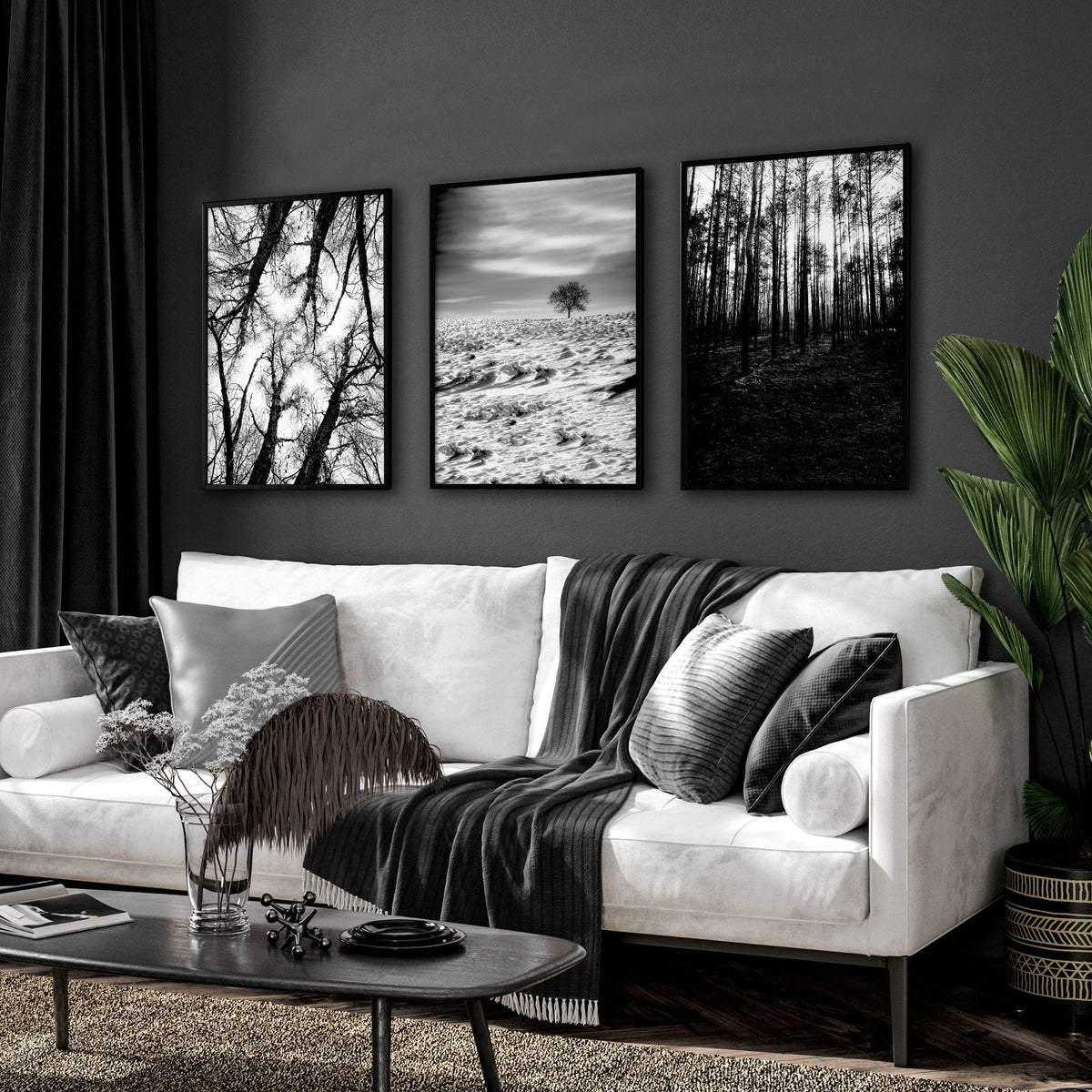 Wall Art for Grey Walls Living Room | Black & White Forest & Winter Landscape Photography Set of 3
