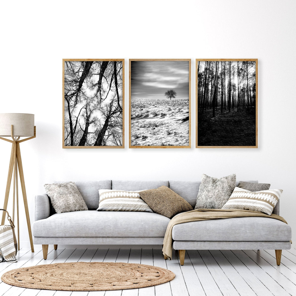 Wall Art for Grey Walls Living Room | Black & White Forest & Winter Landscape Photography Set of 3