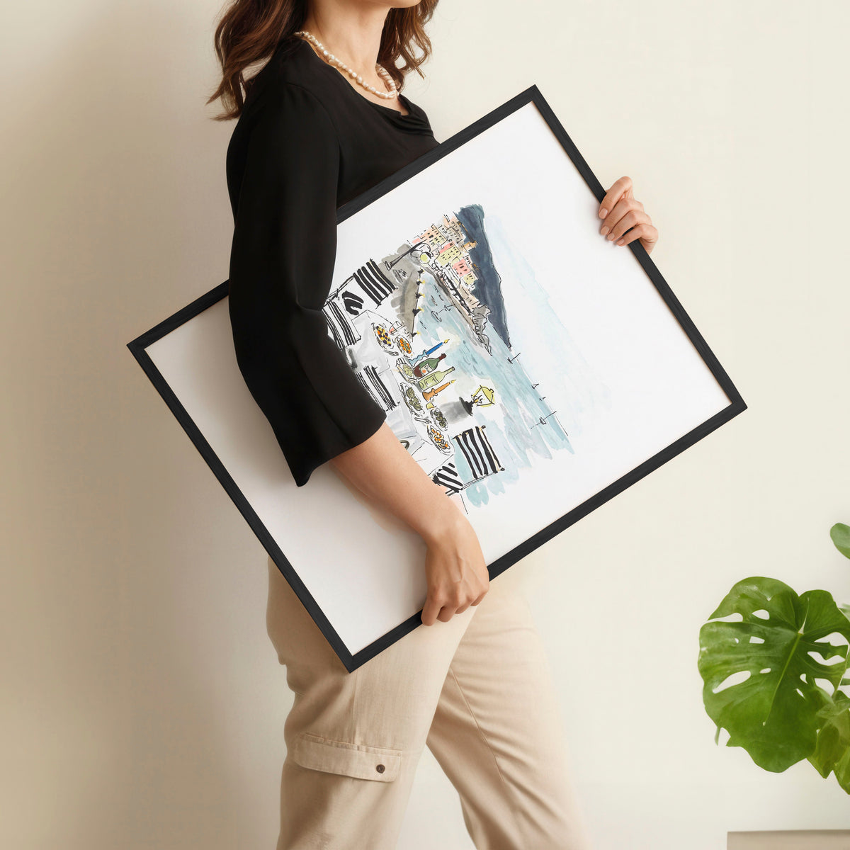 Wall Art for Hallway Entrance Mediterranean Coastal Dining Scene "Solo di Amalfi" | Set of 3