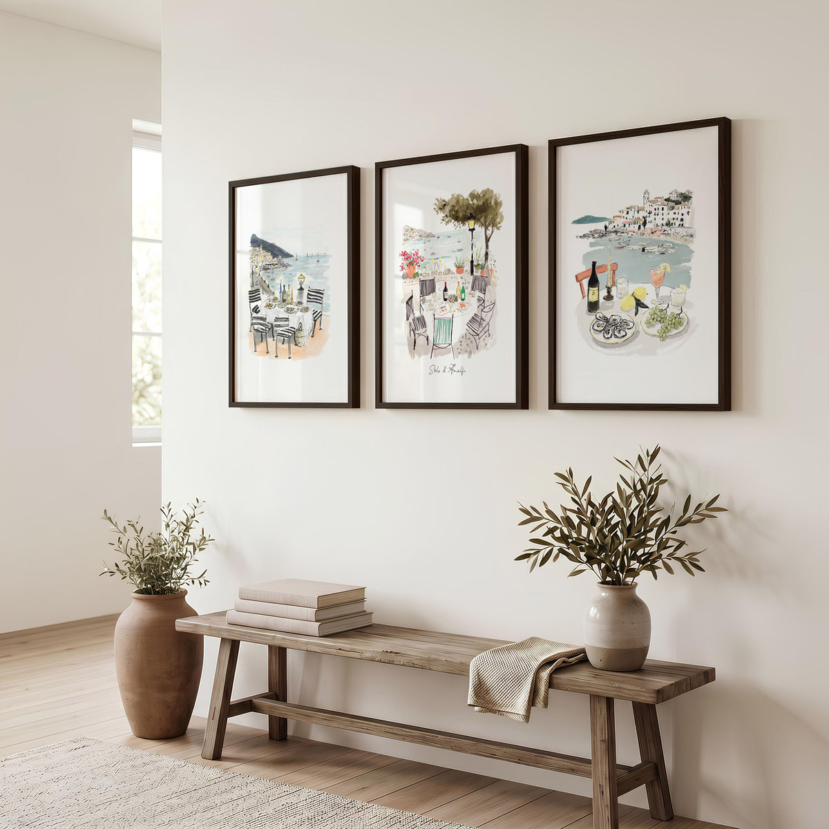 Wall Art for Hallway Entrance Mediterranean Coastal Dining Scene "Solo di Amalfi" | Set of 3
