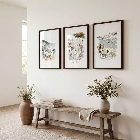 Wall Art for Hallway Entrance Mediterranean Coastal Dining Scene "Solo di Amalfi" | Set of 3