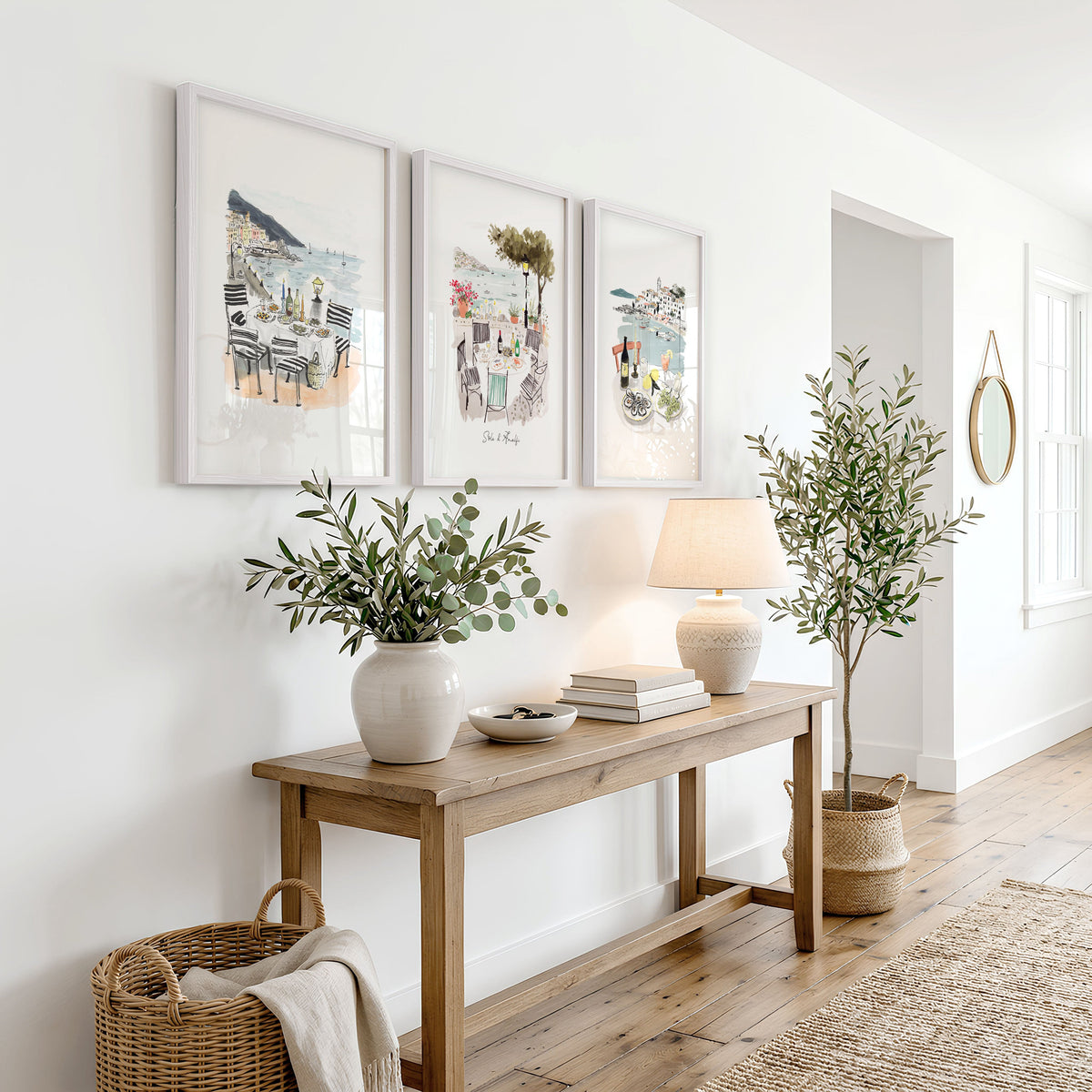Wall Art for Hallway Entrance Mediterranean Coastal Dining Scene "Solo di Amalfi" | Set of 3