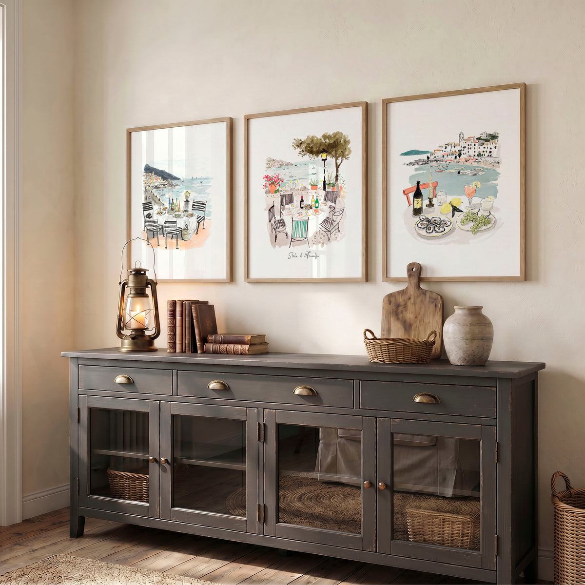 Wall Art for Hallway Entrance Mediterranean Coastal Dining Scene "Solo di Amalfi" | Set of 3