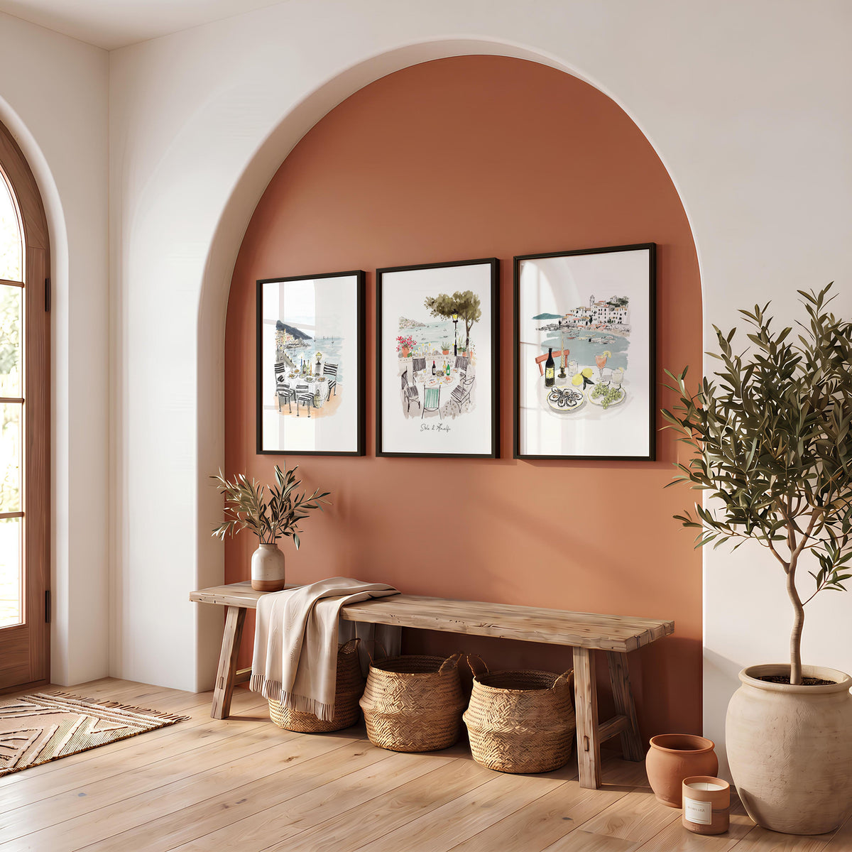 Wall Art for Hallway Entrance Mediterranean Coastal Dining Scene "Solo di Amalfi" | Set of 3