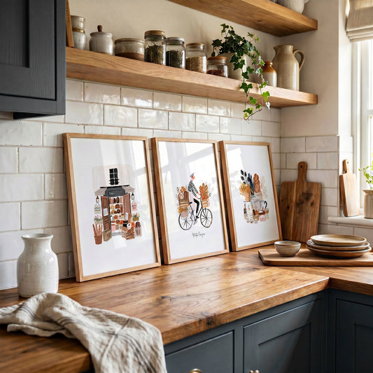 Paris Boulangerie Wall Art for Kitchen | "Matin Parisien" Beige & Brown Travel Prints | Set of 3