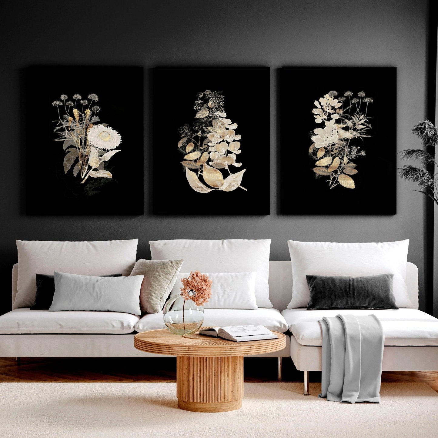 Wall art gold | set of 3 Floral wall art for living room