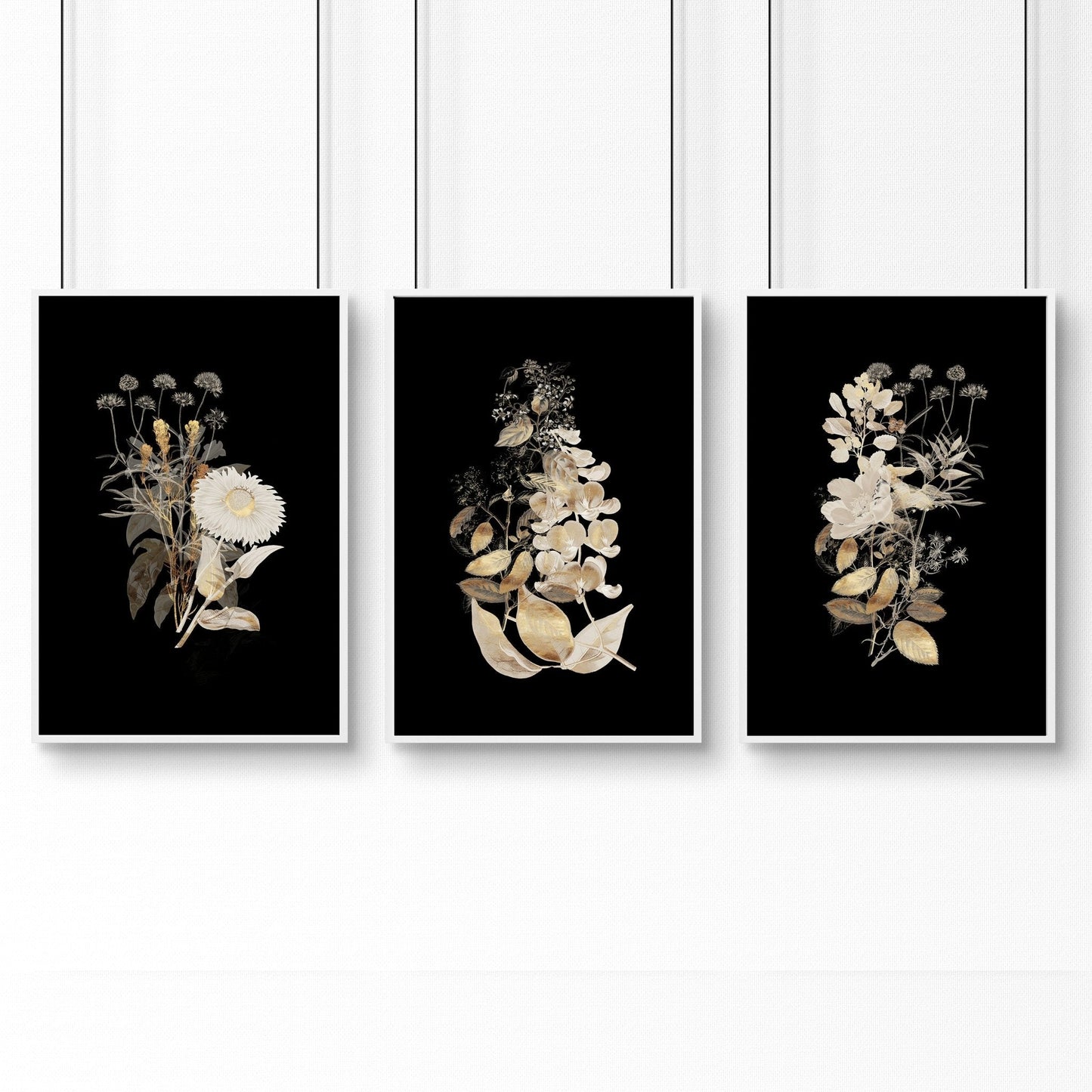 Wall art gold | set of 3 Floral wall art for living room