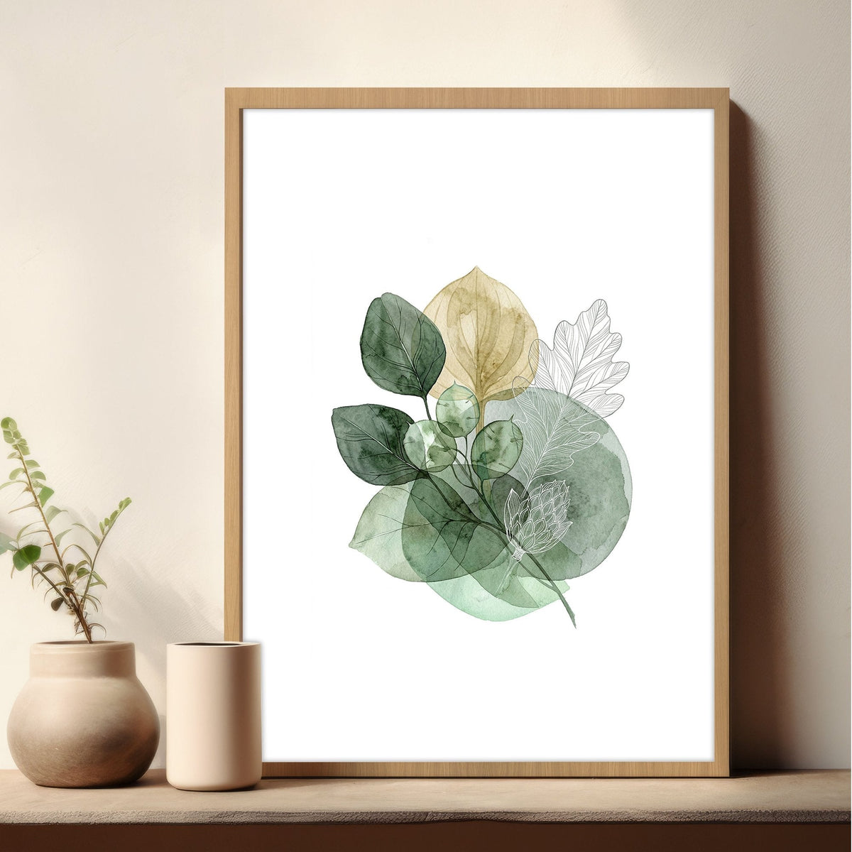 Wall Art Greenery Botanical Watercolour Leaves White Green Ochre | Set of 3