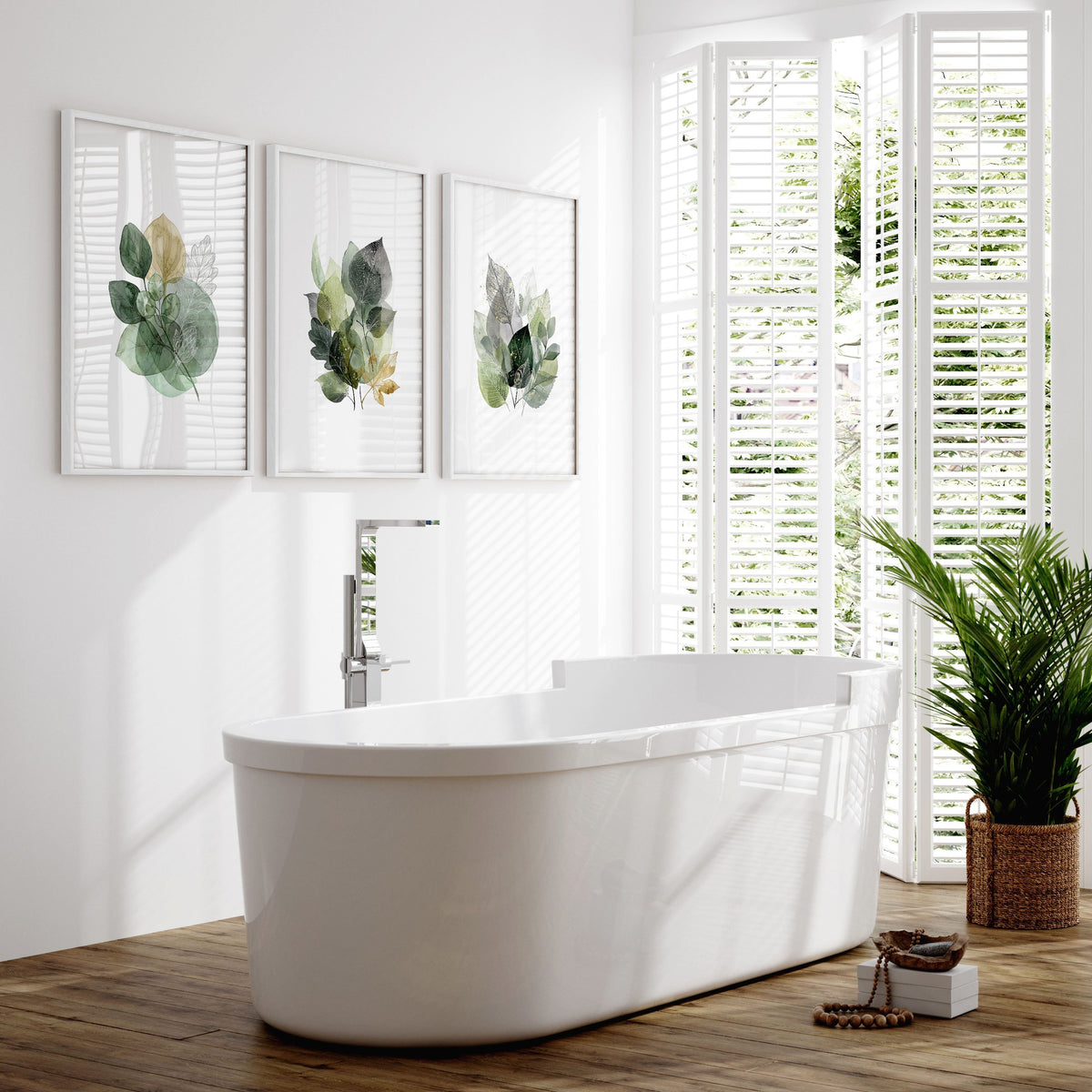 Wall Art Greenery Botanical Watercolour Leaves White Green Ochre | Set of 3