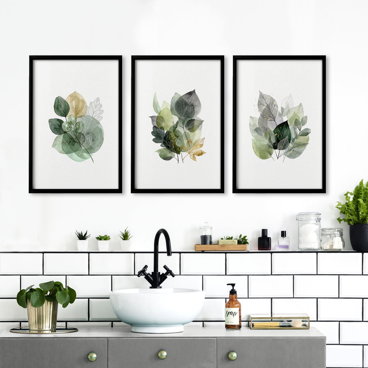 Wall Art Greenery Botanical Watercolour Leaves White Green Ochre | Set of 3