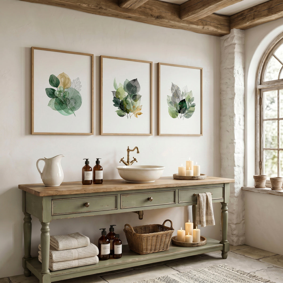 Wall Art Greenery Botanical Watercolour Leaves White Green Ochre | Set of 3
