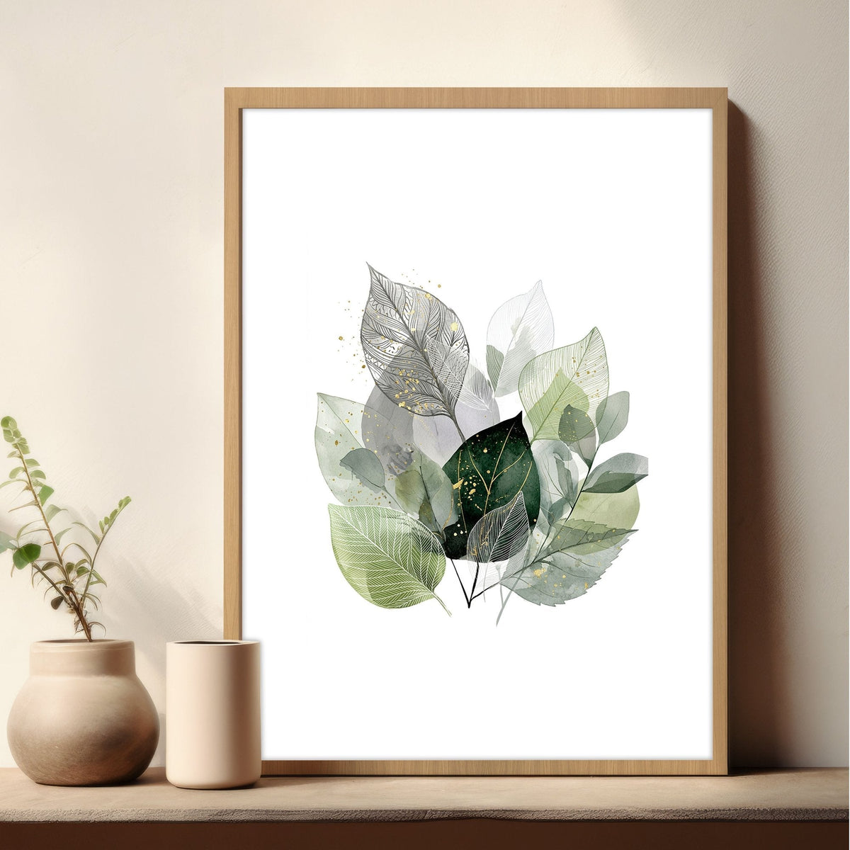 Wall Art Greenery Botanical Watercolour Leaves White Green Ochre | Set of 3