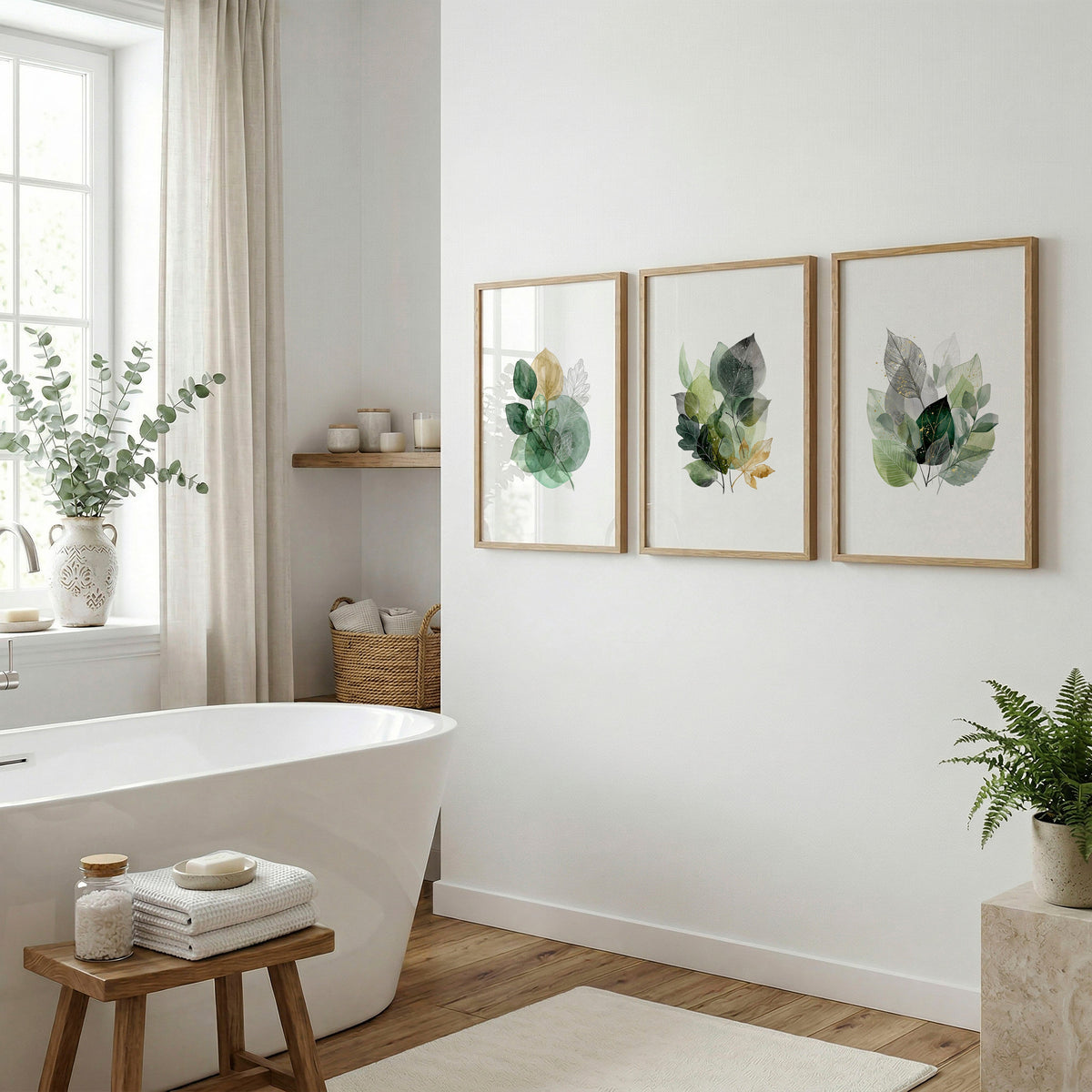 Wall Art Greenery Botanical Watercolour Leaves White Green Ochre | Set of 3