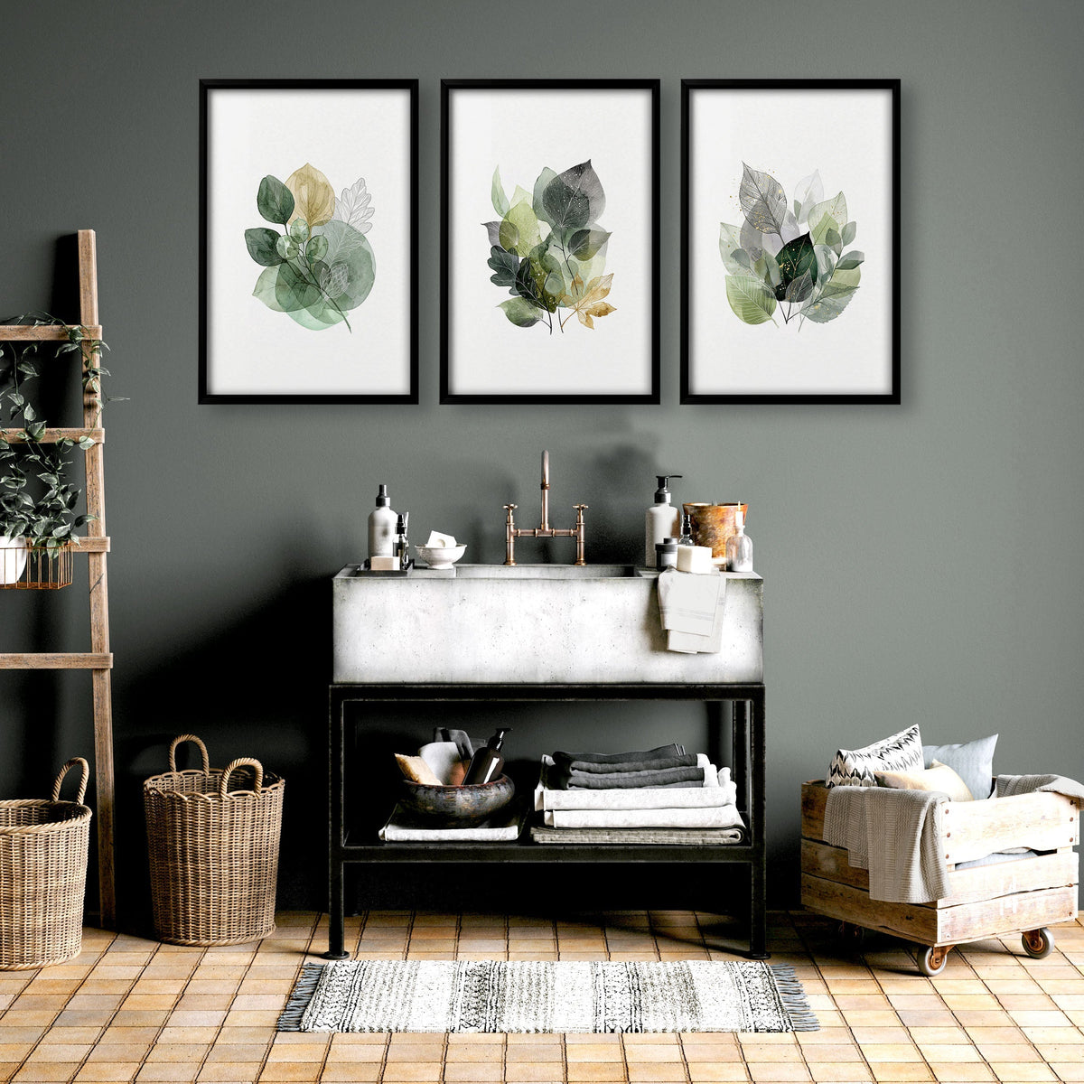 Wall Art Greenery Botanical Watercolour Leaves White Green Ochre | Set of 3