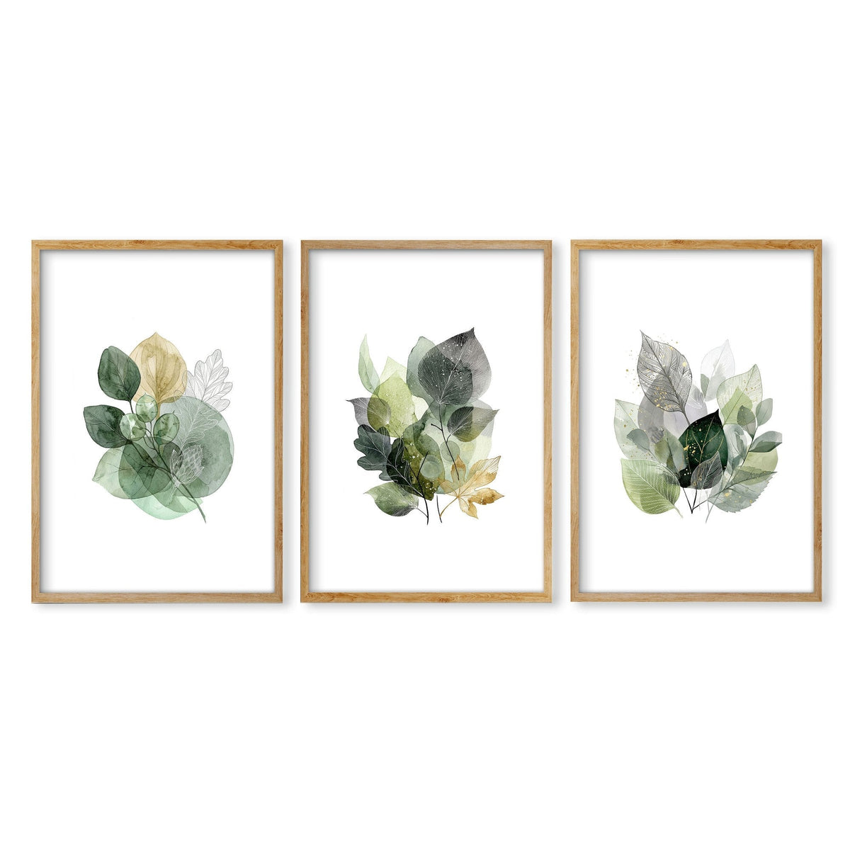 Wall Art Greenery Botanical Watercolour Leaves White Green Ochre | Set of 3