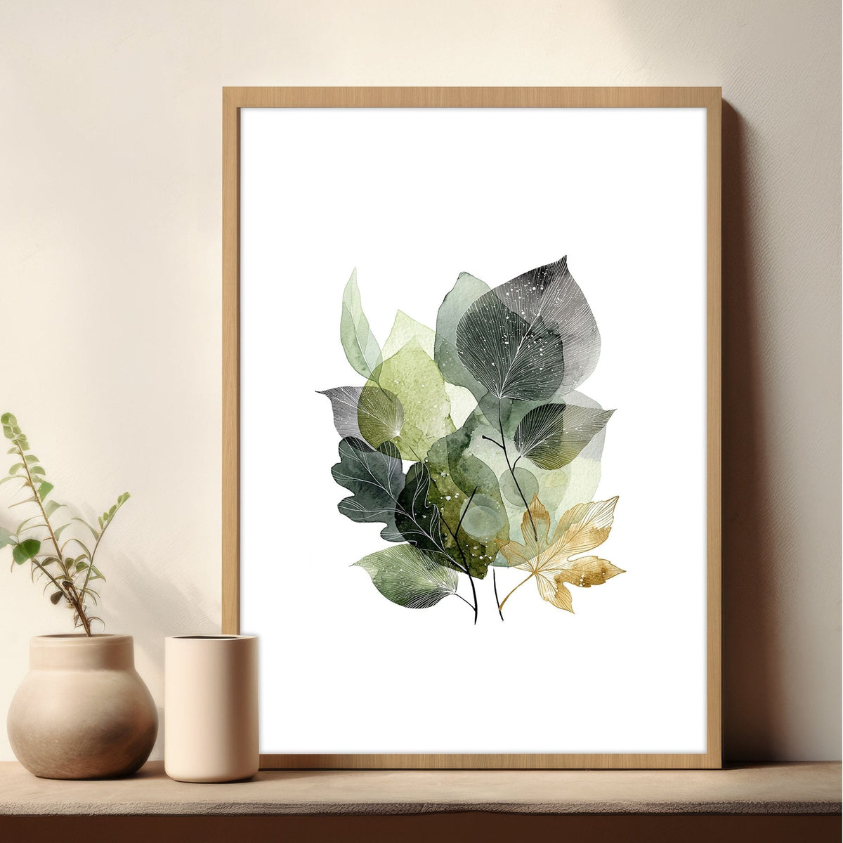 Wall Art Greenery Botanical Watercolour Leaves White Green Ochre | Set of 3