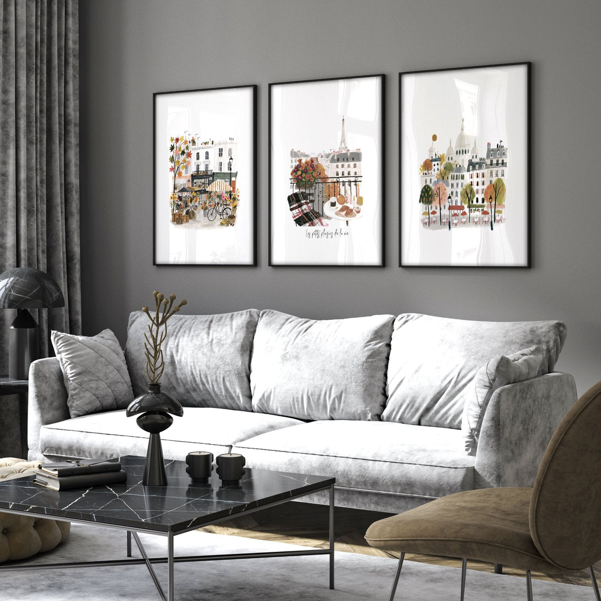 Wall Art Living Room Large Paris Travel Prints | "Les Petits Plaisirs de la Vie" Eiffel Tower Watercolour | Set of 3