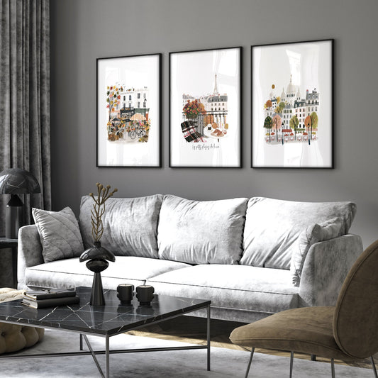 Wall Art Living Room Large Paris Travel Prints | "Les Petits Plaisirs de la Vie" Eiffel Tower Watercolour | Set of 3