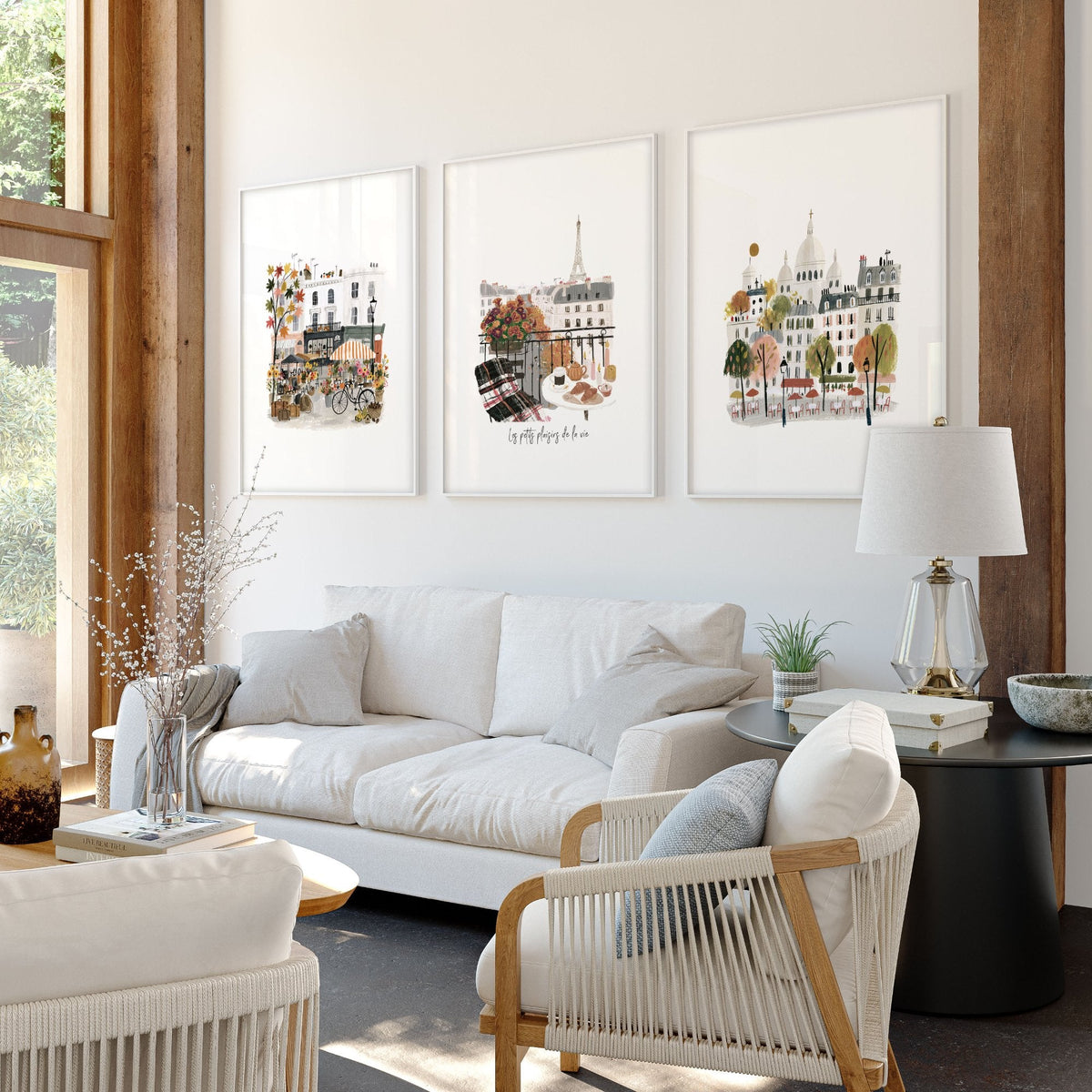 Wall Art Living Room Large Paris Travel Prints | "Les Petits Plaisirs de la Vie" Eiffel Tower Watercolour | Set of 3