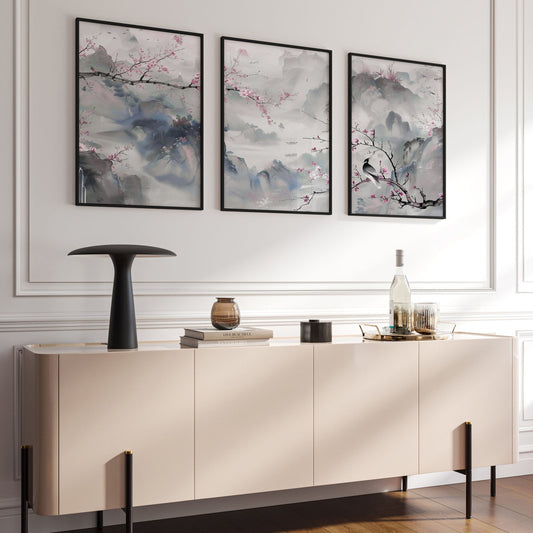 Wall Art Living Room Large | Set of 3 Chinoiserie Wall art Prints