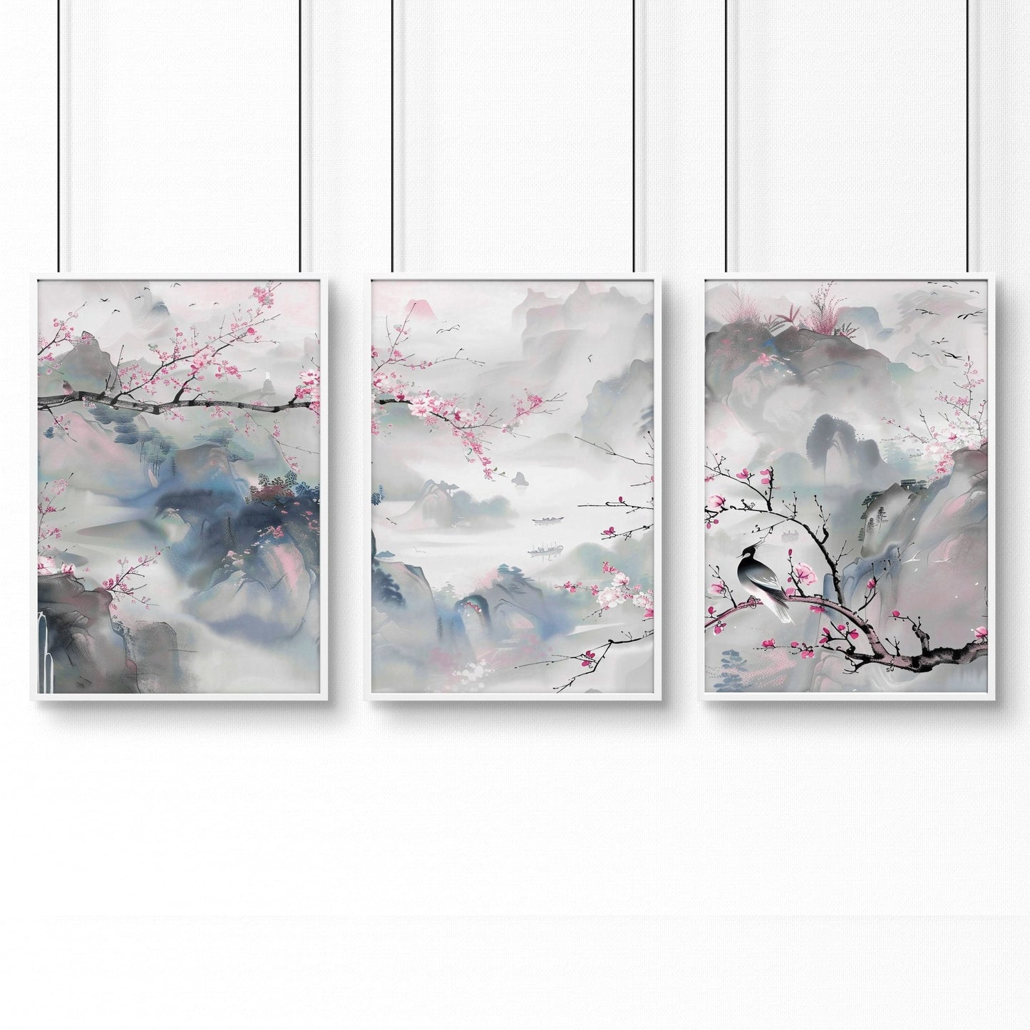 Wall Art Living Room Large | Set of 3 Chinoiserie Wall art Prints