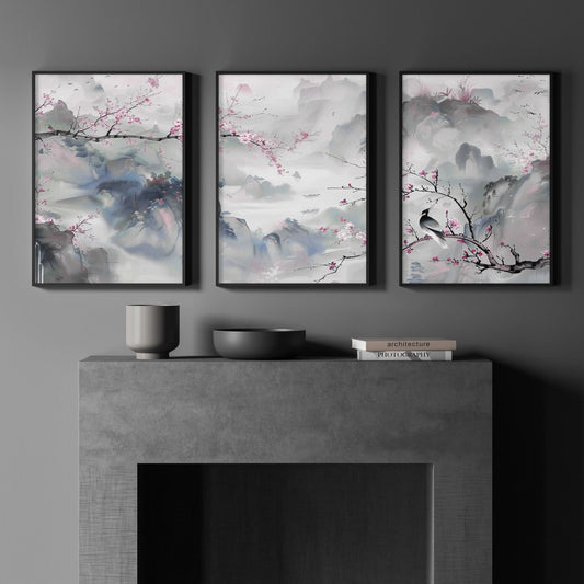 Wall Art Living Room Large | Set of 3 Chinoiserie Wall art Prints