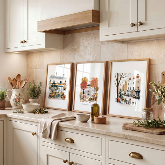 Wall Decor for a Kitchen London Travel Scenes | "Wintertime in London" Terracotta & White Art Prints | Set of 3