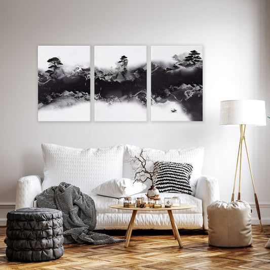 Wall Decor for High Ceiling Living Room | Japandi Black White Mauve Ink Landscape Art Prints | Set of 3