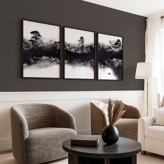 Wall Decor for High Ceiling Living Room | Japandi Black White Mauve Ink Landscape Art Prints | Set of 3