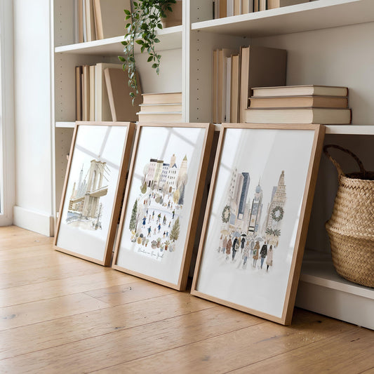 Wall Decor in Living Room Ideas | "Winter in New York" Beige Pastel NYC Travel Art Prints | Set of 3