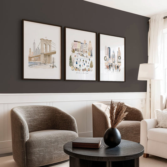 Wall Decor in Living Room Ideas | "Winter in New York" Beige Pastel NYC Travel Art Prints | Set of 3