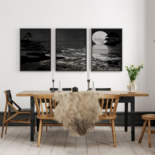 Wall Painting Landscape Japandi Moonrise Over Still Water | Set of 3
