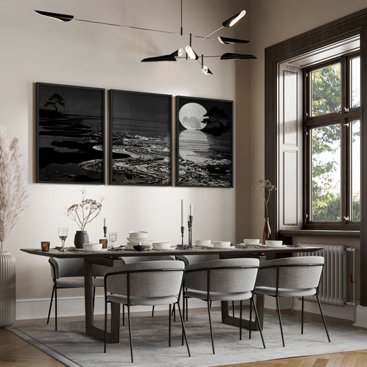 Wall Painting Landscape Japandi Moonrise Over Still Water | Set of 3