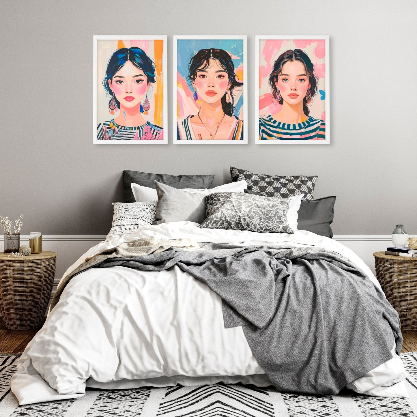 Wall Paintings For Bedroom | Set of 3 Boho Women Wall art Prints