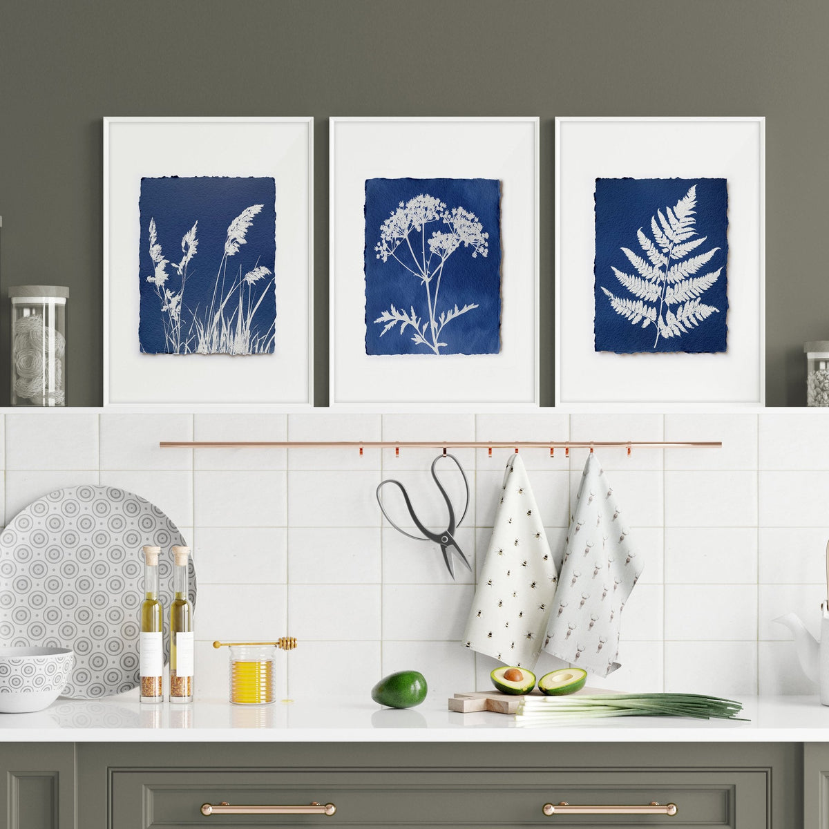 Wall Paintings for Kitchen Indigo Cyanotype Botanical Nature Prints | Set of 3